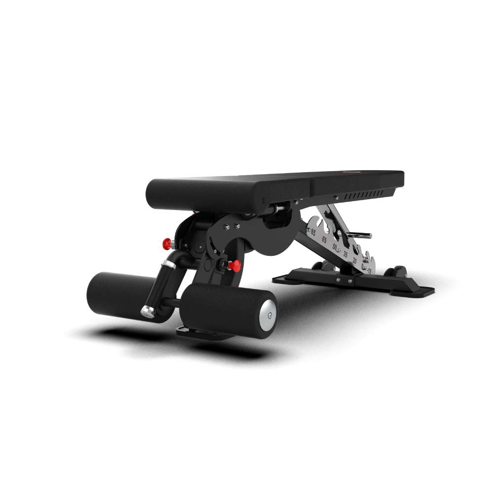 QLI QAB01 flat bench from the front, with padded leg hold-down rollers and the rear ladder adjuster