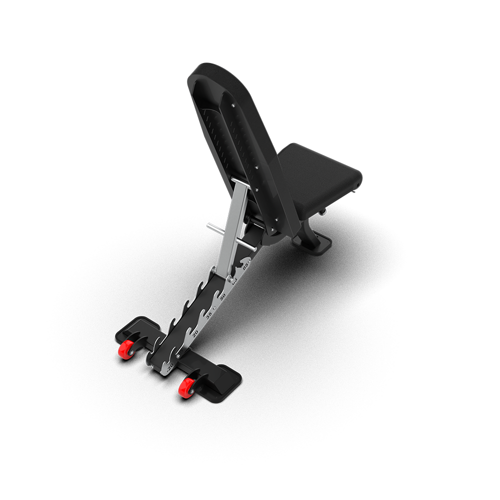 Rear view of the QLI QAB03 showing the ladder adjuster, raised backrest and red transport wheels