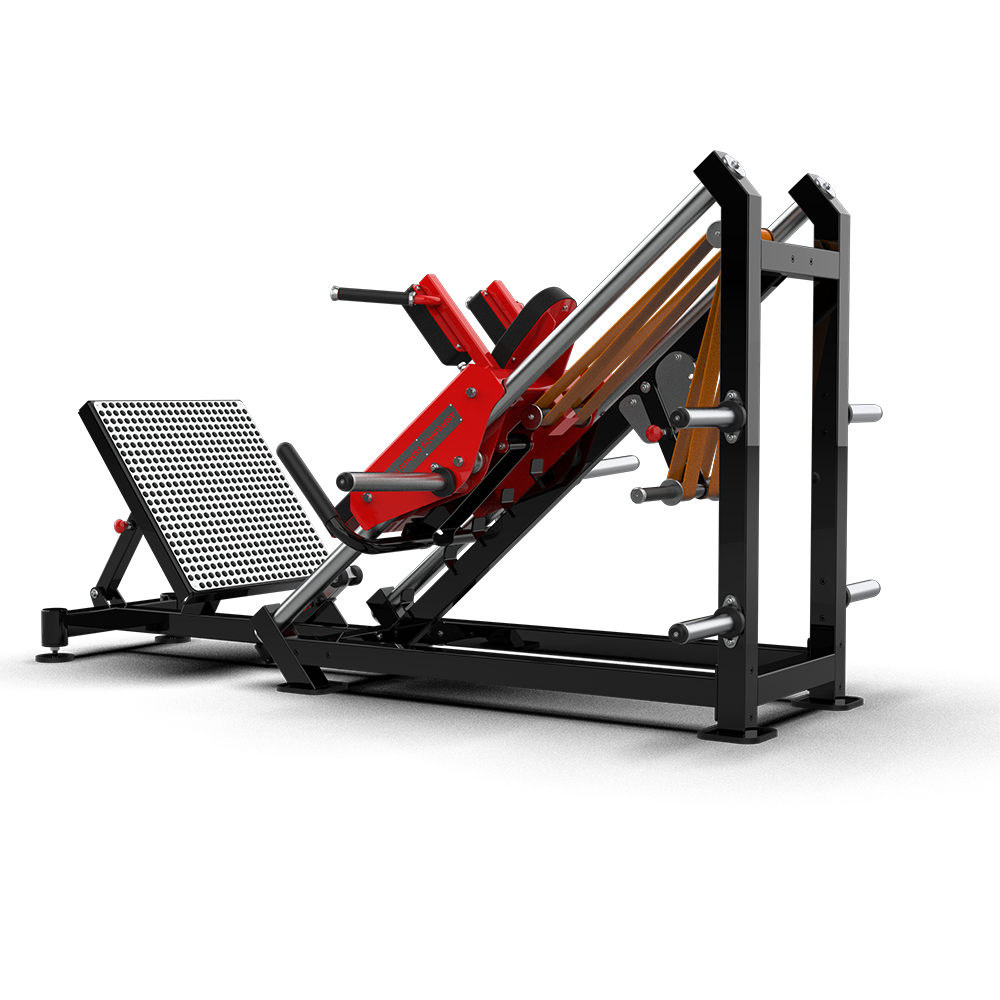 QLI Adjustable Hack Squat Machine QAHS100 with 45-degree sled, red carriage and multi-angle footplate