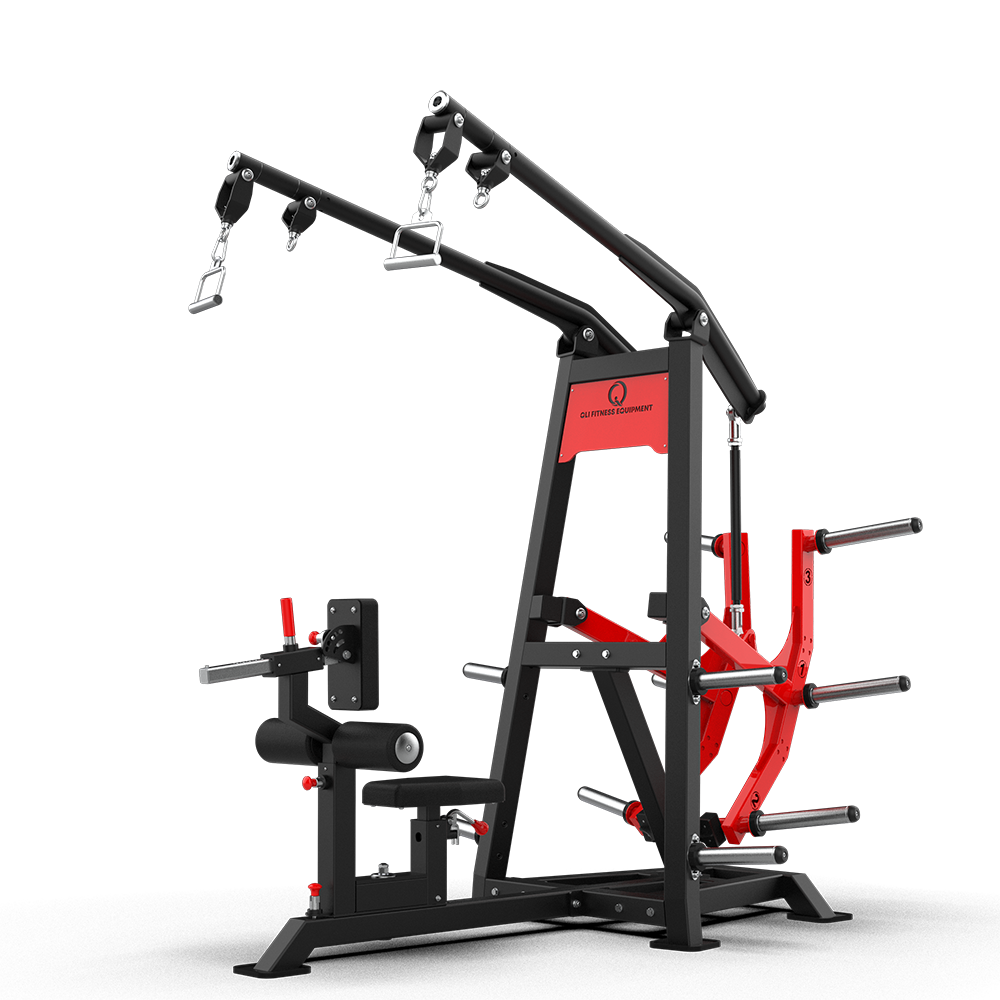 QLI Adjustable Lat Pulldown Machine QALPM93 with independent red pulldown arms, roller seat and plate horns