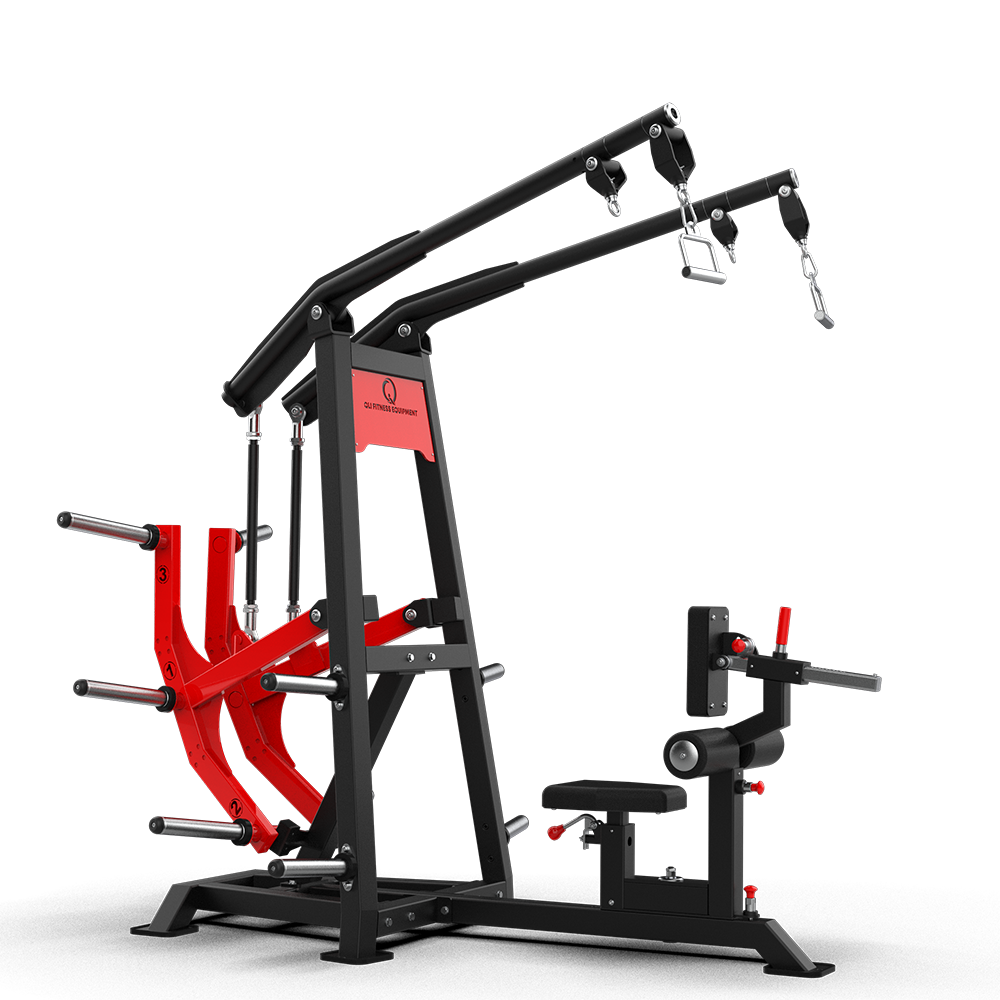 QLI QALPM93 lat pulldown from the side, showing the dual handle attachment points on the top beam