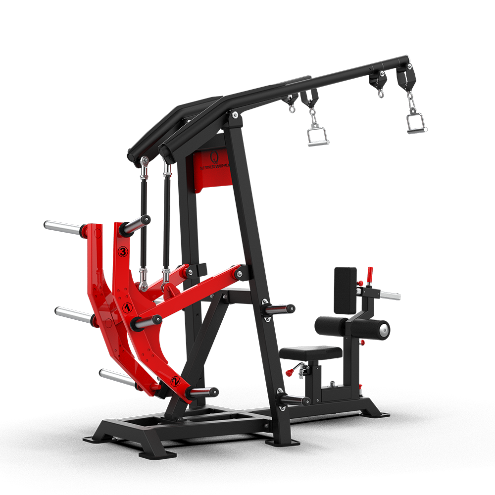 QLI QALPM93 lat pulldown three-quarter view, showing the red movement arms and rotating seat