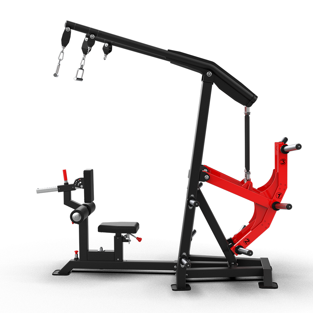 Side profile of the QLI QALPM93 lat pulldown, showing the seat, roller pads and tall frame