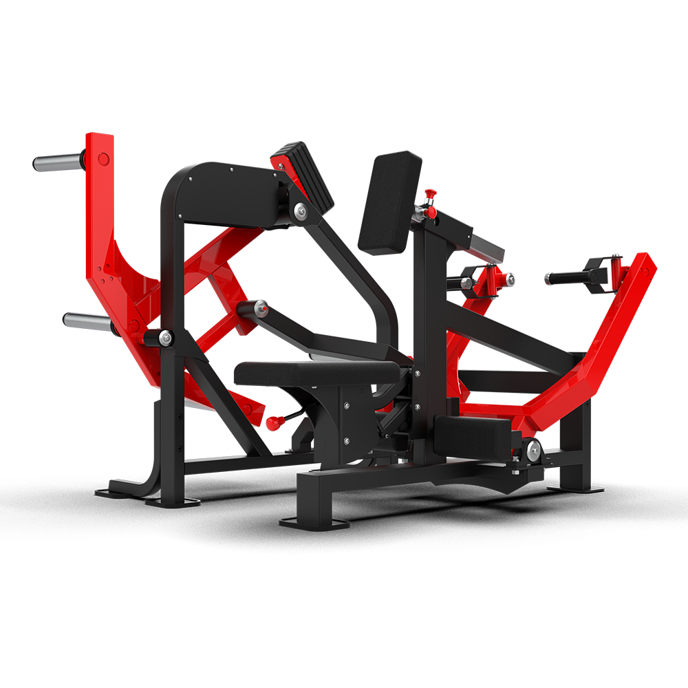 QLI Adjustable Seated Row Machine QASR62 with rotating chest pad, red independent row arms and adjustable seat
