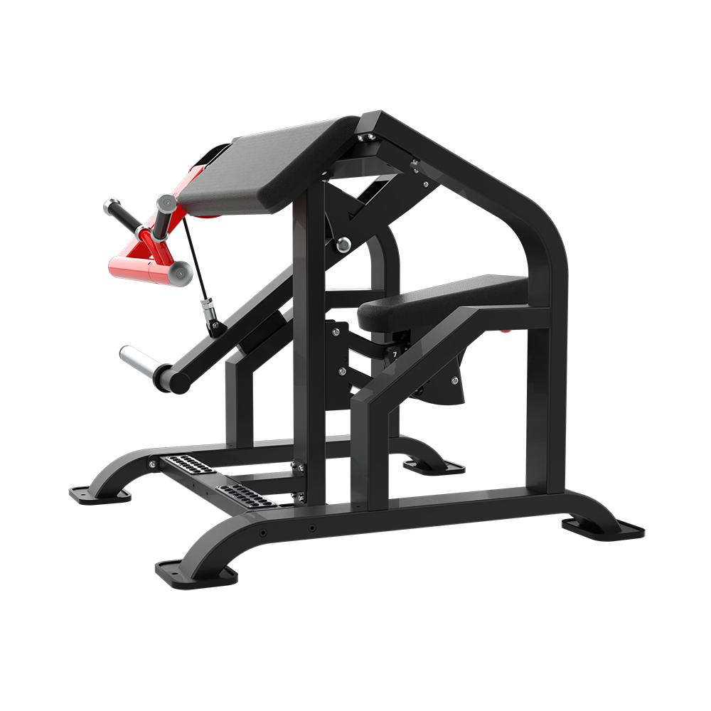 QLI Bicep Curl Machine QBCM060 with padded arm rest, adjustable seat and red plate-loaded curl arm