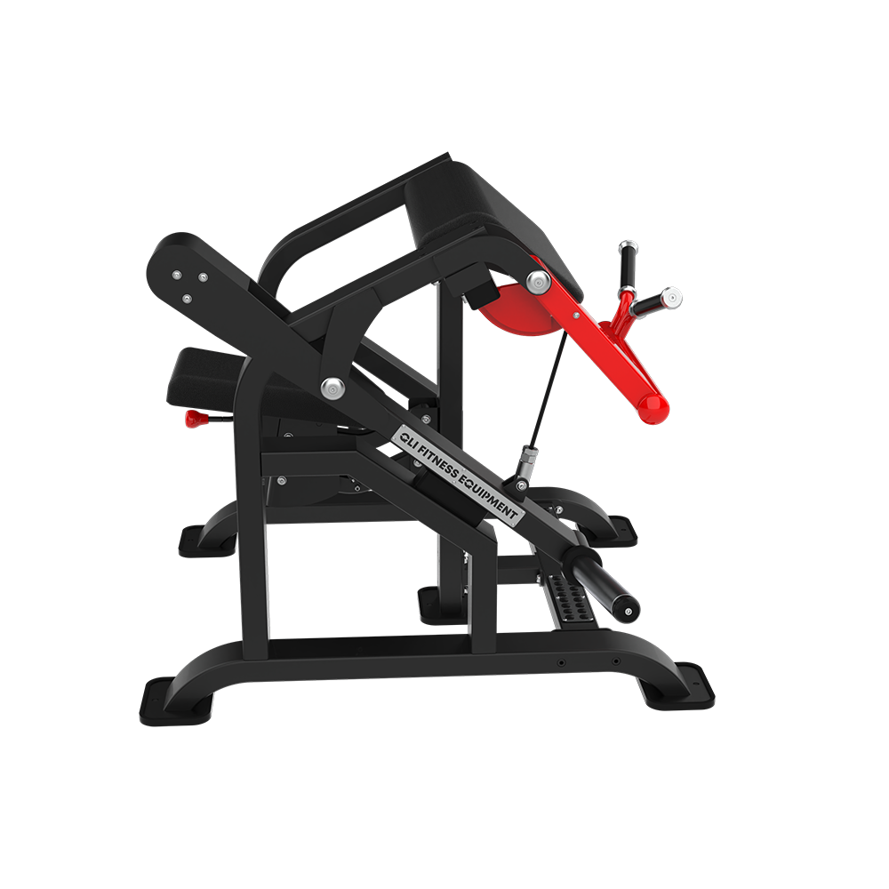 Side view of the QLI QBCM060 bicep curl machine, showing the lever arm and seat