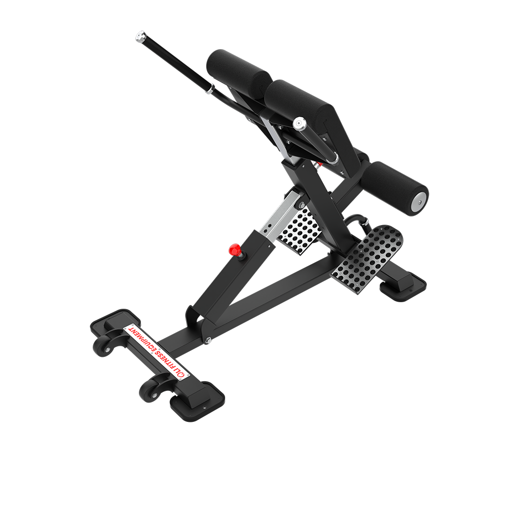 QLI QBE030 back extension from above, with the support handles, hip pads and front transport wheels