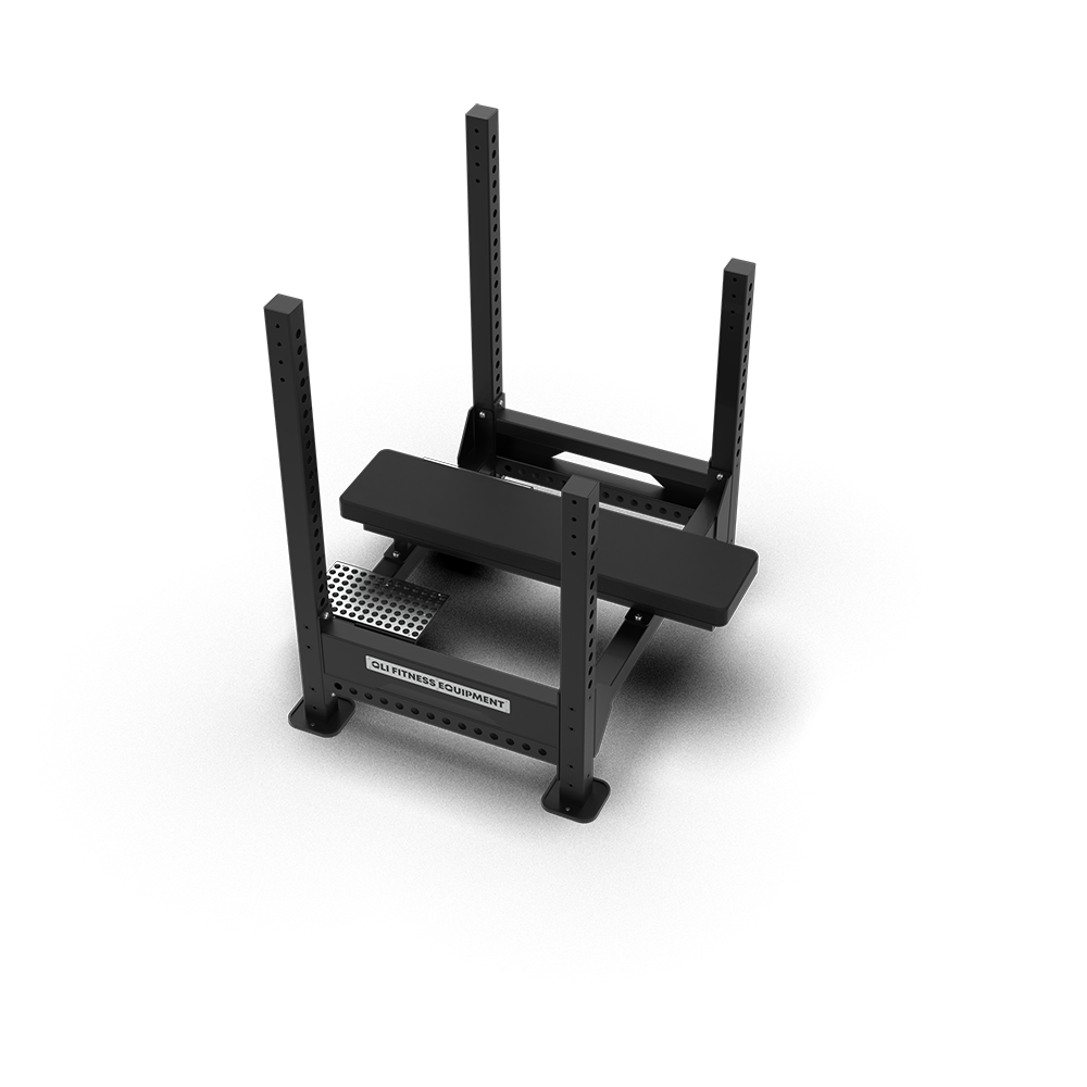 QLI Bench Press Frame QBPF056 with a flat bench inside a four-post steel frame and perforated platforms