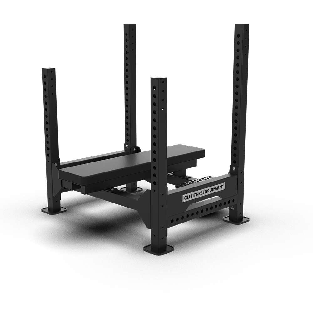 QLI QBPF056 bench press frame from the front, showing the four-post frame and base plates