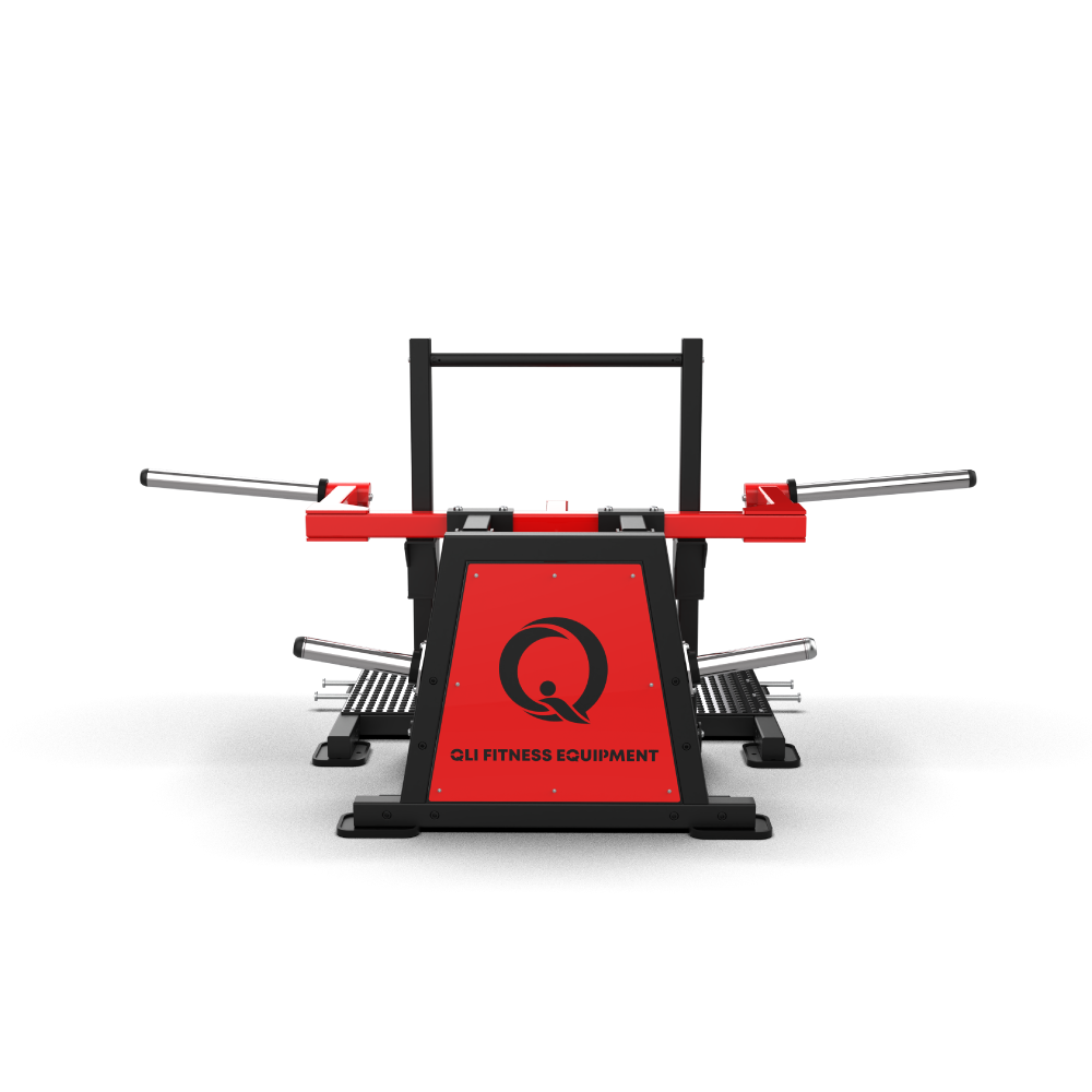 QLI QBQ090 belt squat from the front, showing the red branded panel and lever arm