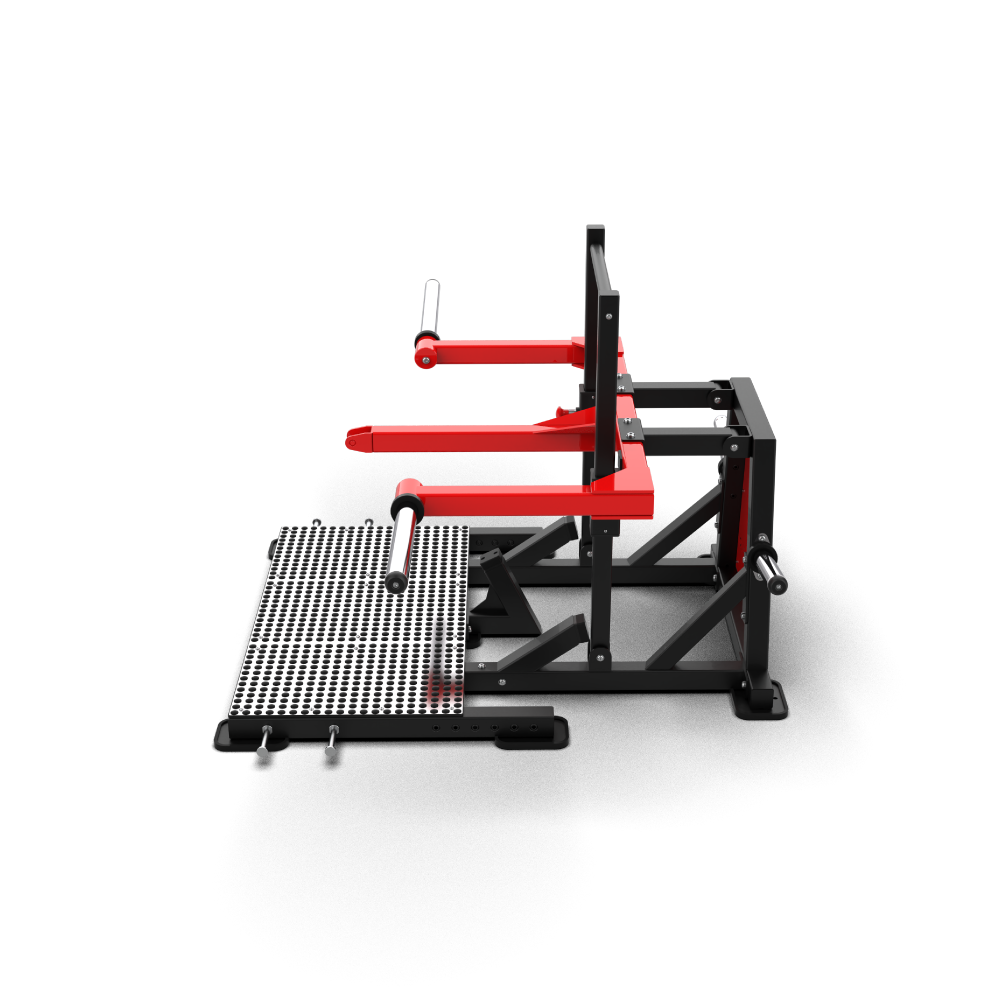 Side view of the QLI QBQ090 belt squat, showing the non-slip footplate and lever arm