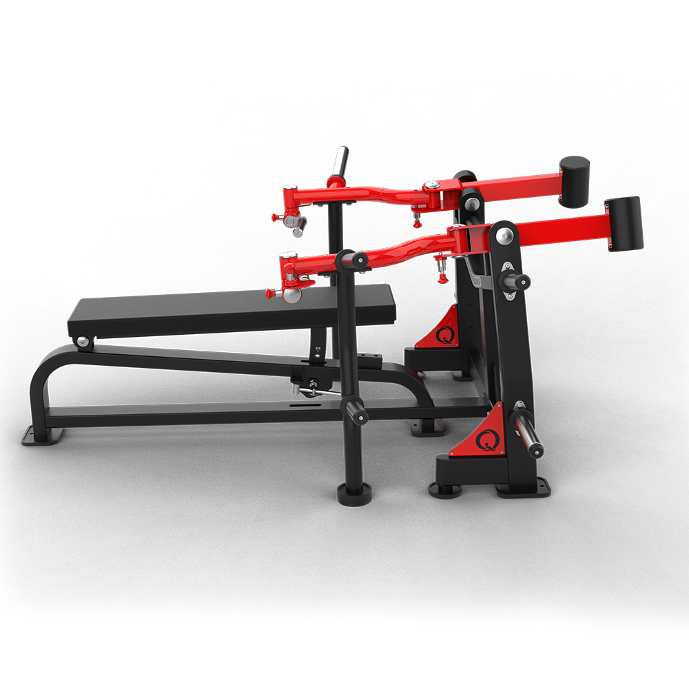 Side view of the QLI QCP78 chest press, showing the bench and red lever arm