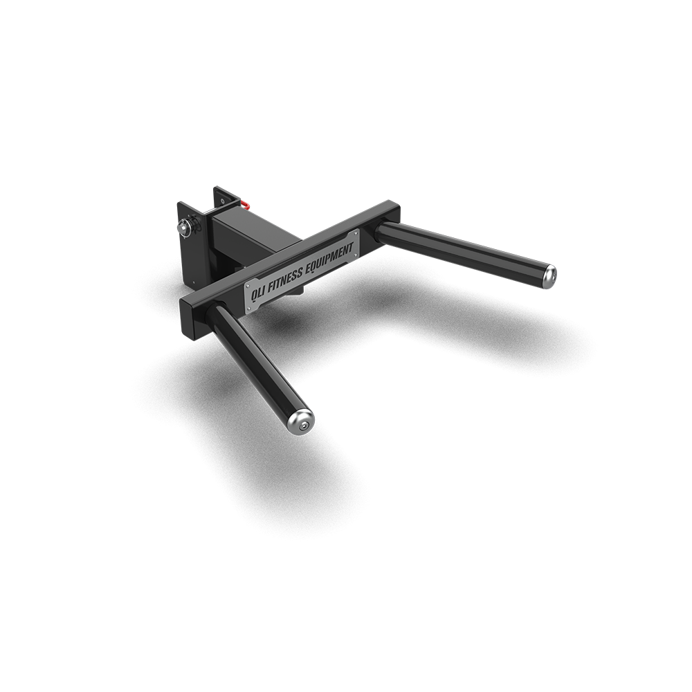 QLI Dip Bar Attachment QDBA27, twin dip handles on a rack mounting bracket with a red pull pin