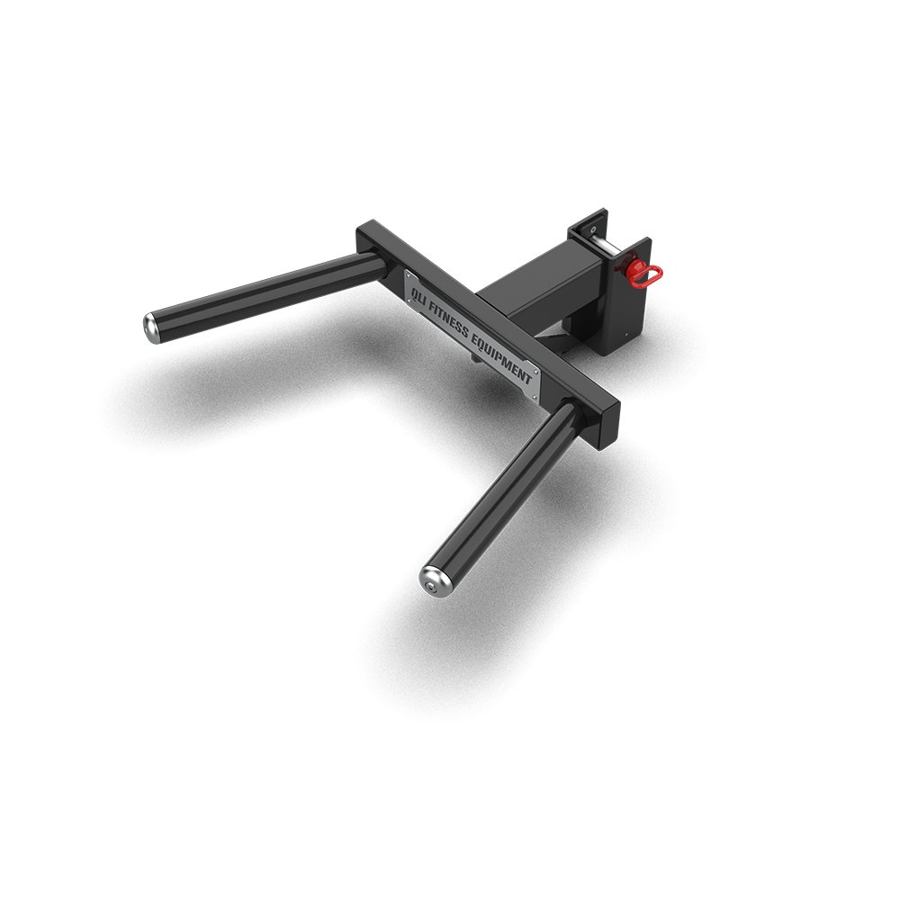 QLI Dip Bar Attachment QDBA27, twin dip handles on a rack mounting bracket with a red pull pin