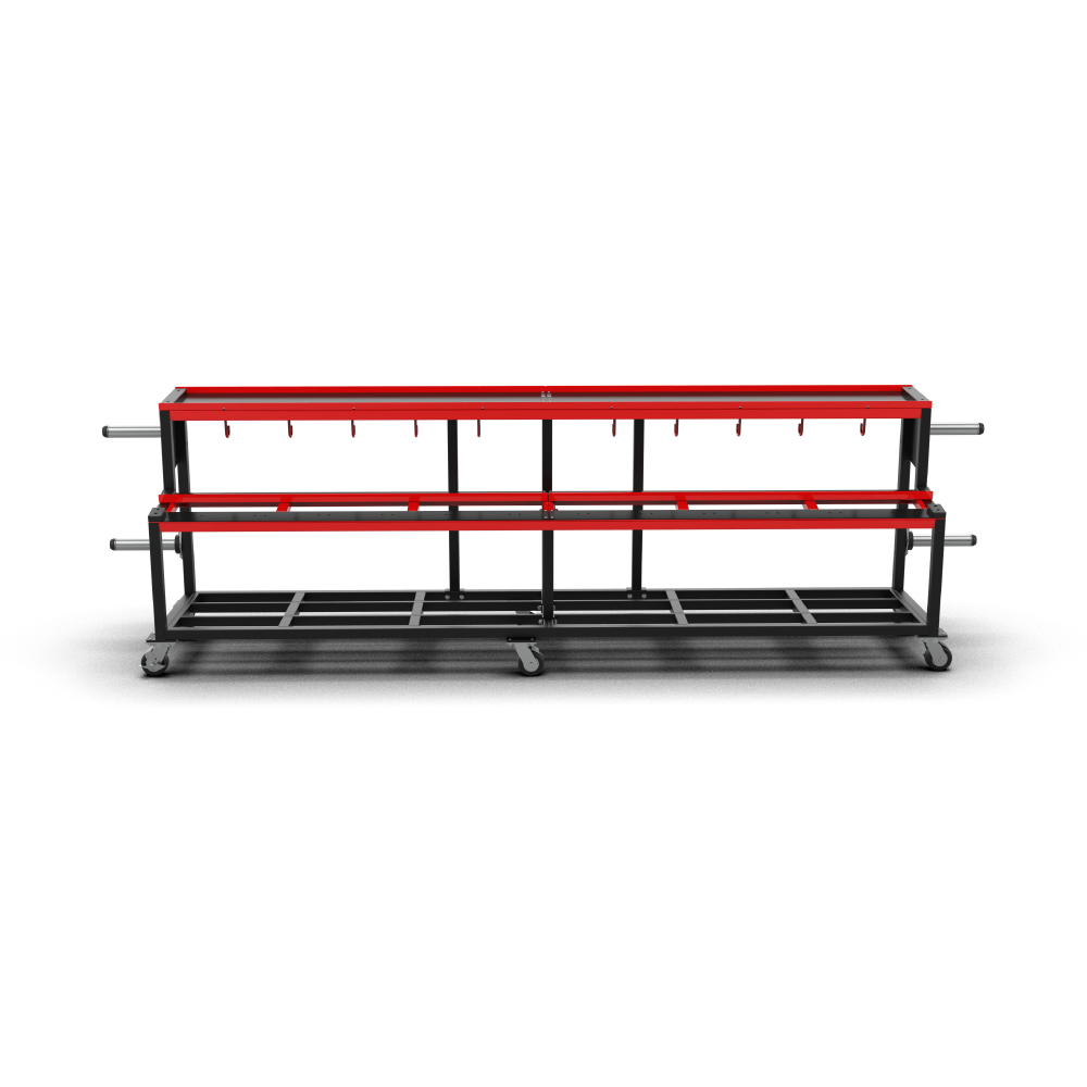 QLI Disc & Dumbbell Rack QDR144, a long black mobile rack with red tiers, hanging hooks, end plate horns and castors