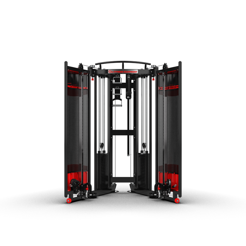 QLI Fold-Away Strength Trainer QFST085 open, showing twin weight stacks, pulleys and pull-up bar