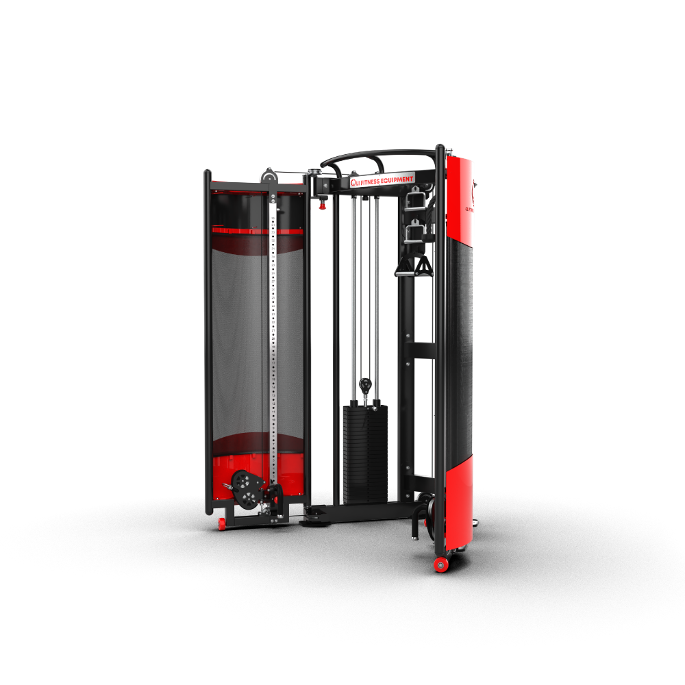 QLI QFST085 three-quarter view with the doors open, showing a weight stack and cable column