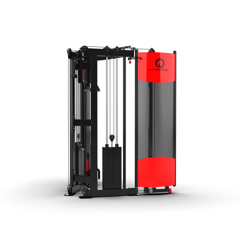 Side view of the QLI QFST085, showing a weight stack and folding red door
