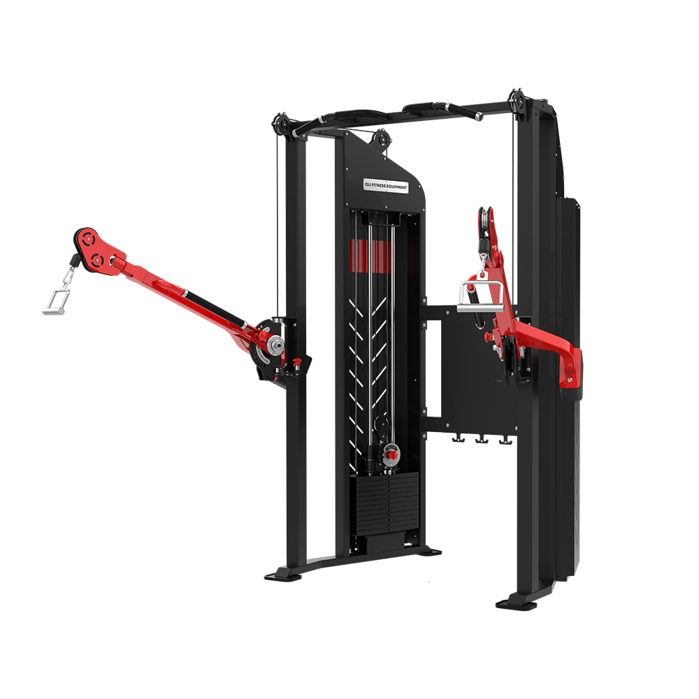 QLI Functional Trainer Machine QFTM77 with red adjustable arms, twin weight stacks and pull-up bar