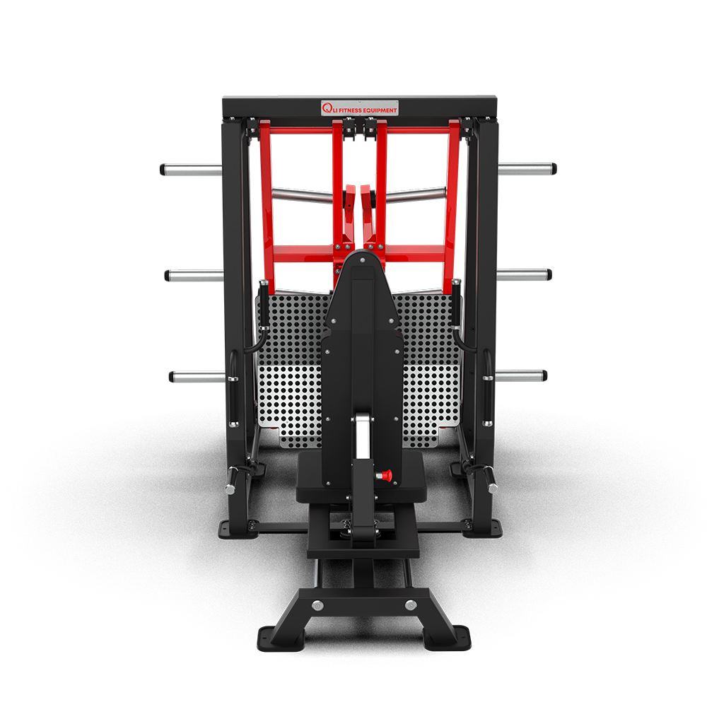 QLI Hip Press QHP092 with twin red lever arms, large perforated footplates and padded back support