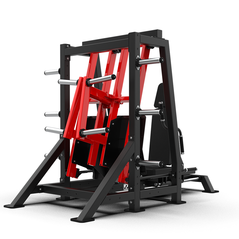 QLI QHP092 hip press three-quarter view, showing the red lever arms and weight horns