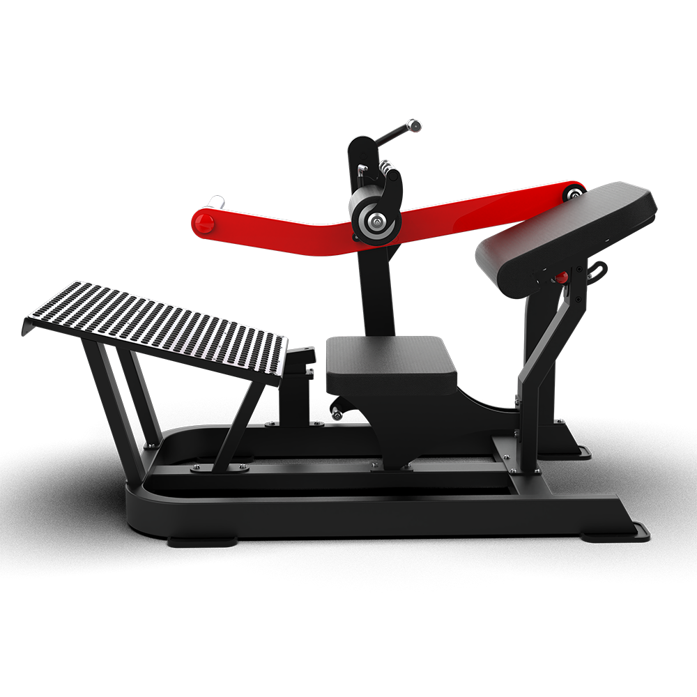 Side profile of the QLI QHTM050 - angled footplate, seat, back pad and red lever arm on its central pivot