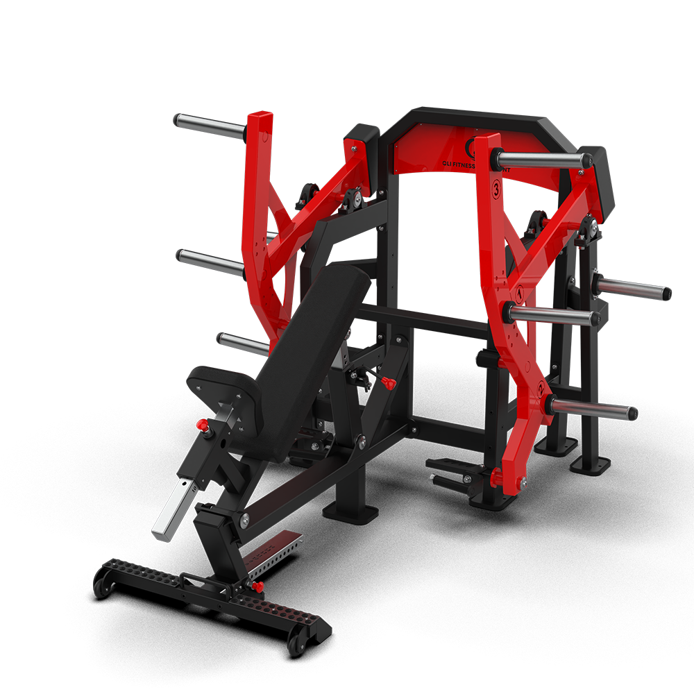 QLI QIRM92 incline row three-quarter view, showing the red row arms either side of the chest pad