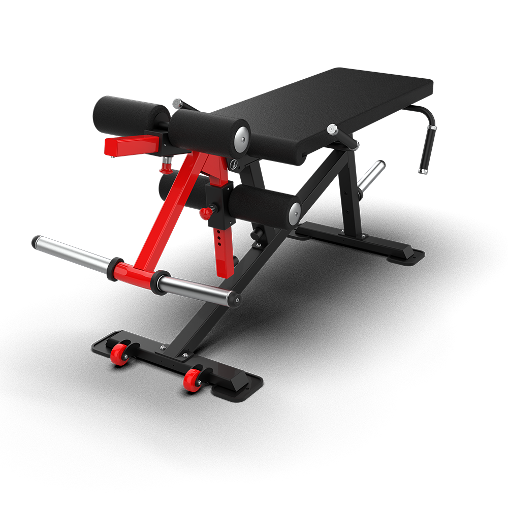 QLI Leg Curl Bench QLCB330 with red lever arm, leather leg rollers, plate horn and casters