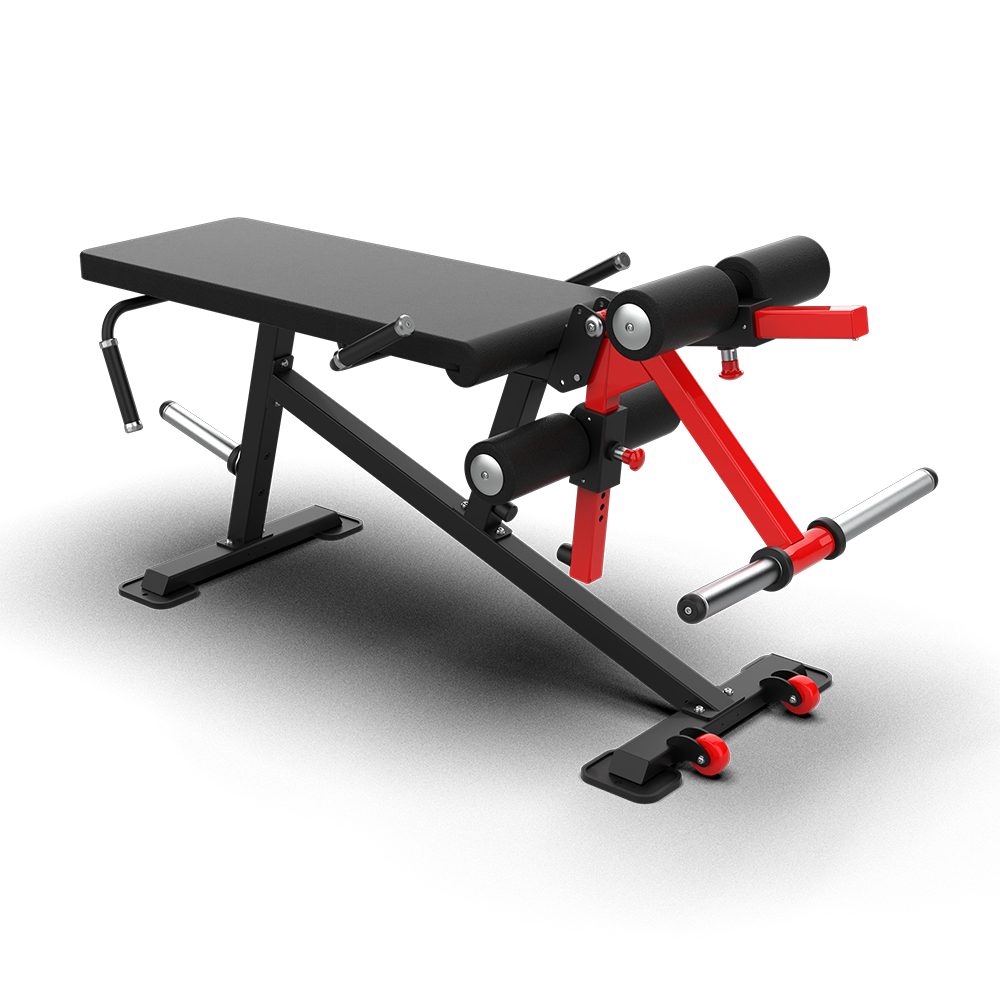 QLI Leg Curl Bench QLCB330 with red lever arm, leather leg rollers, plate horn and casters