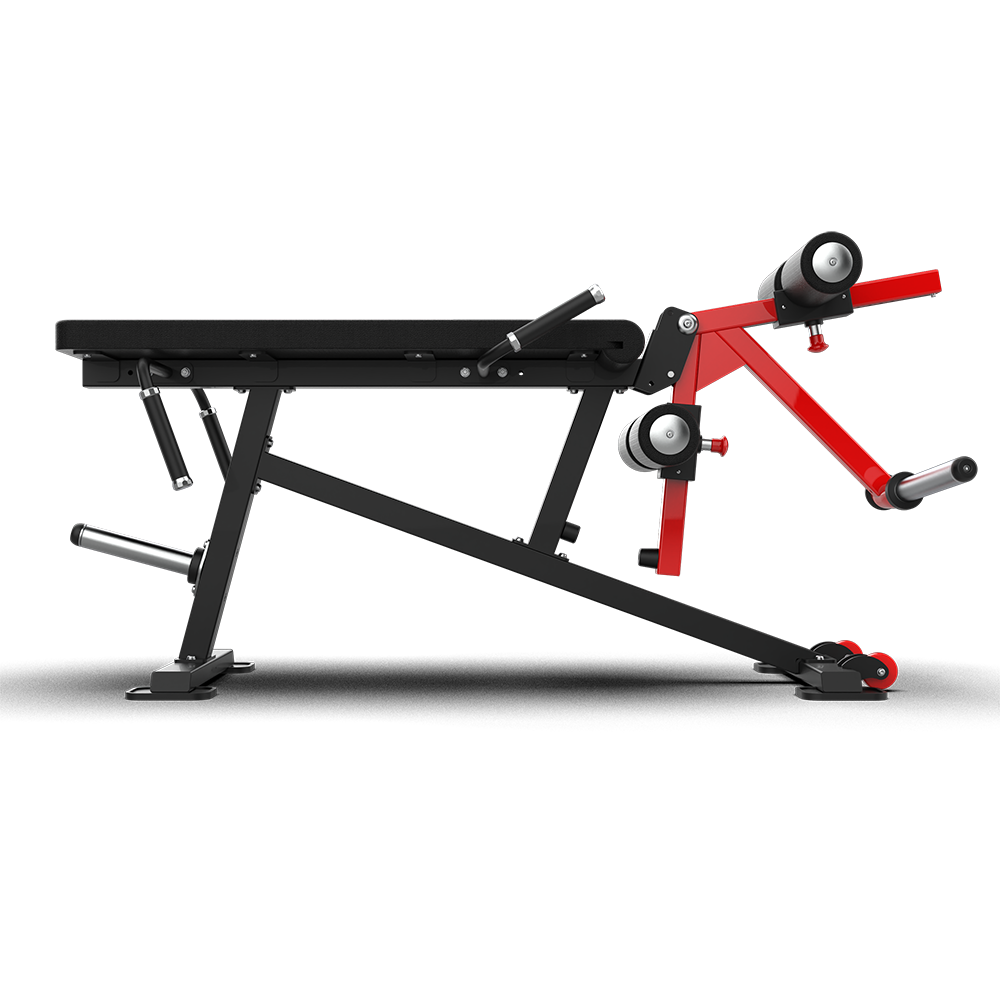 QLI QLCB330 leg curl bench at bench height, showing the roller arm and casters