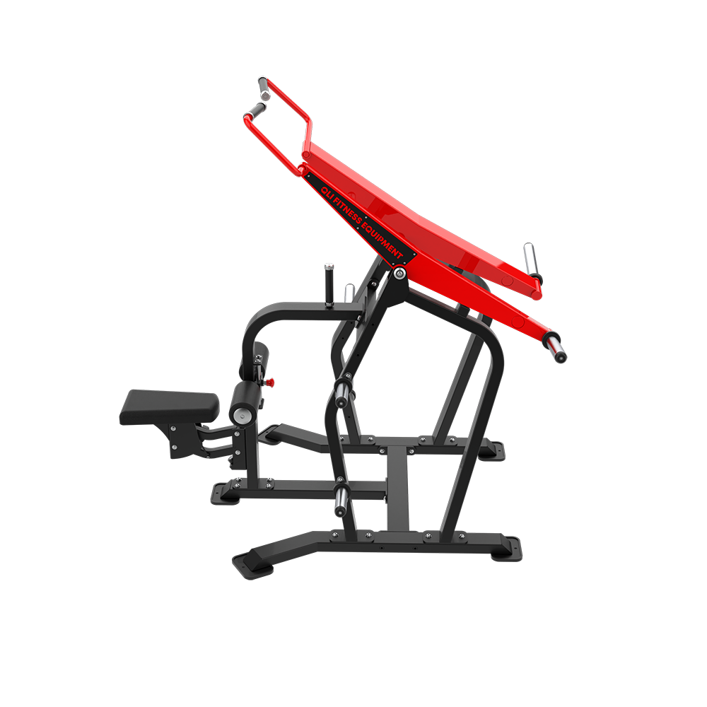 Side profile of the QLI QLP01 lat pulldown, showing the seat, thigh pad and red arms