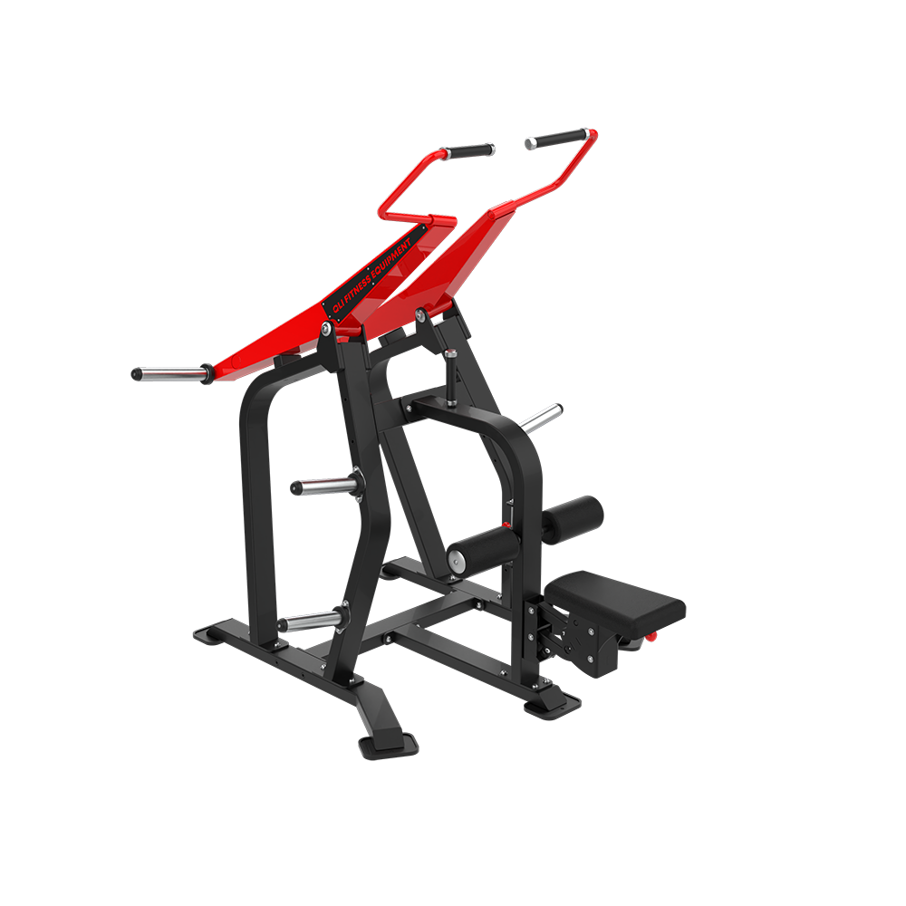 QLI QLP01 lat pulldown three-quarter view, showing the red arms and seat