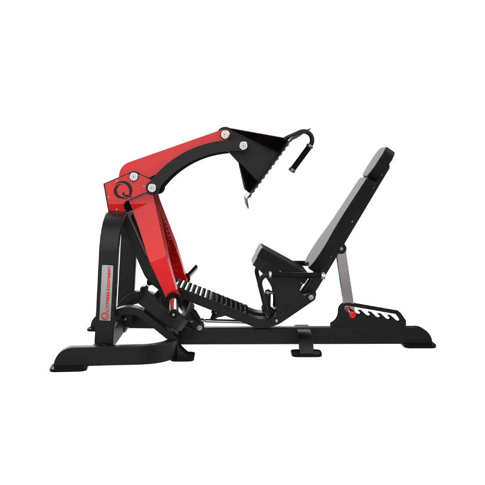 Side profile of the QLI QLP045 leg press, showing the angled backrest and lever arm path