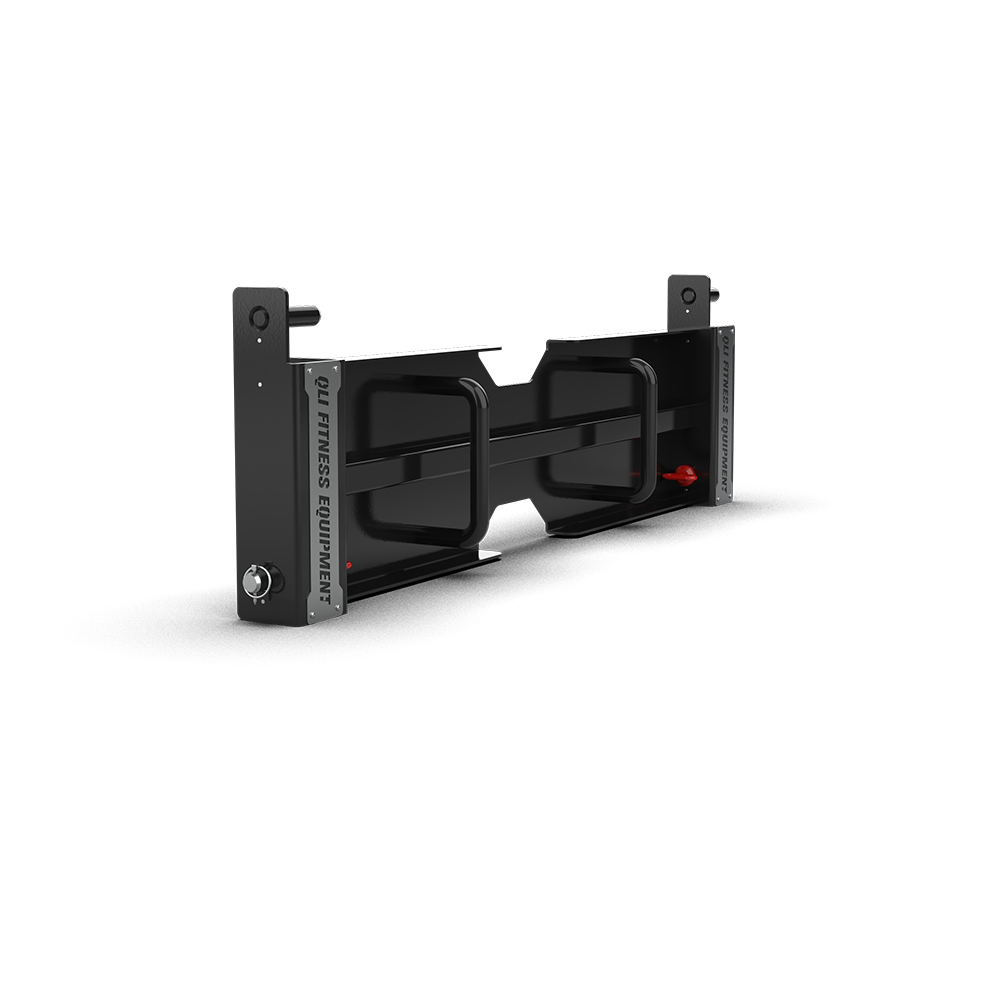 QLI QLPA51 leg press attachment from behind, showing the mounting brackets and red pins