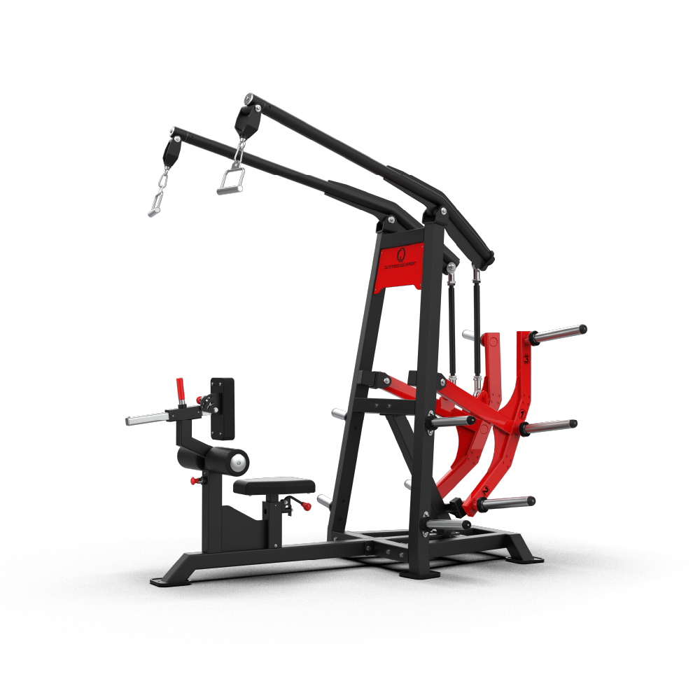 QLI Lat Pull Row Machine QLPRM93 with overhead pulley arms, stirrup handles, seat and red plate-loaded arms