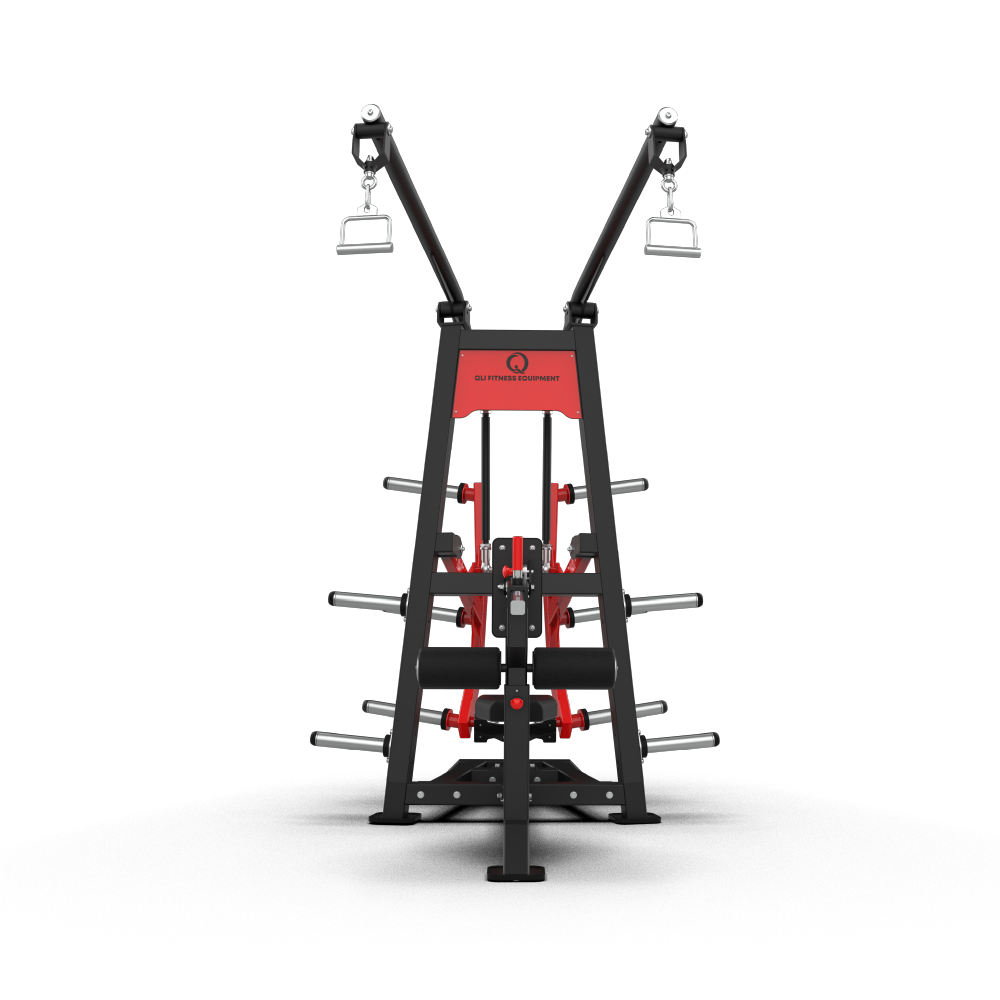 QLI Lat Pull Row Machine QLPRM93 with overhead pulley arms, stirrup handles, seat and red plate-loaded arms