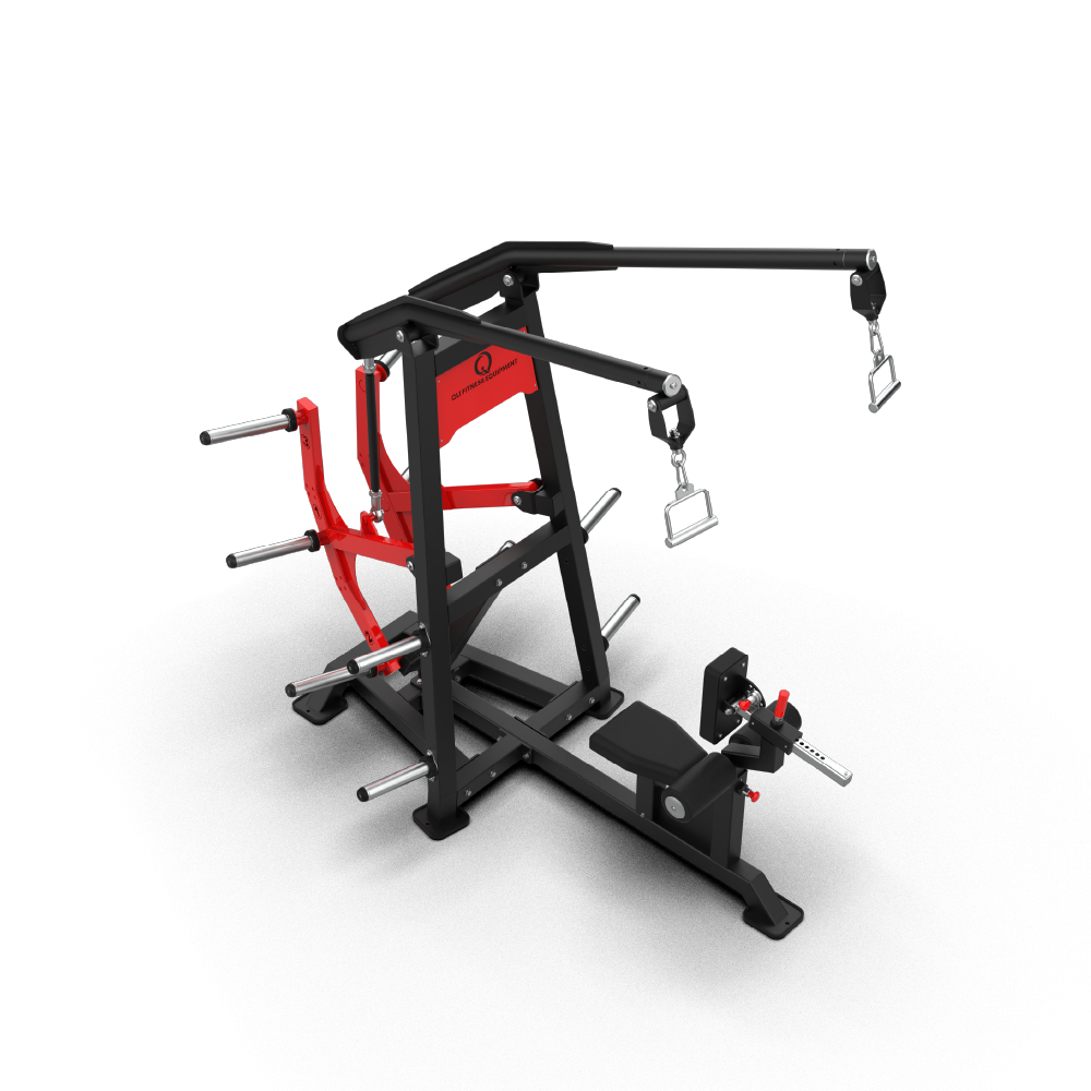 QLI QLPRM93 lat pull row from a high angle, showing the twin overhead pulley arms and seat