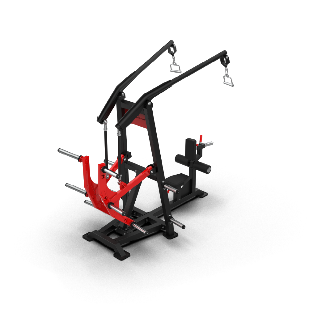 QLI QLPRM93 lat pull row three-quarter view, showing the red lever arms and weight horns