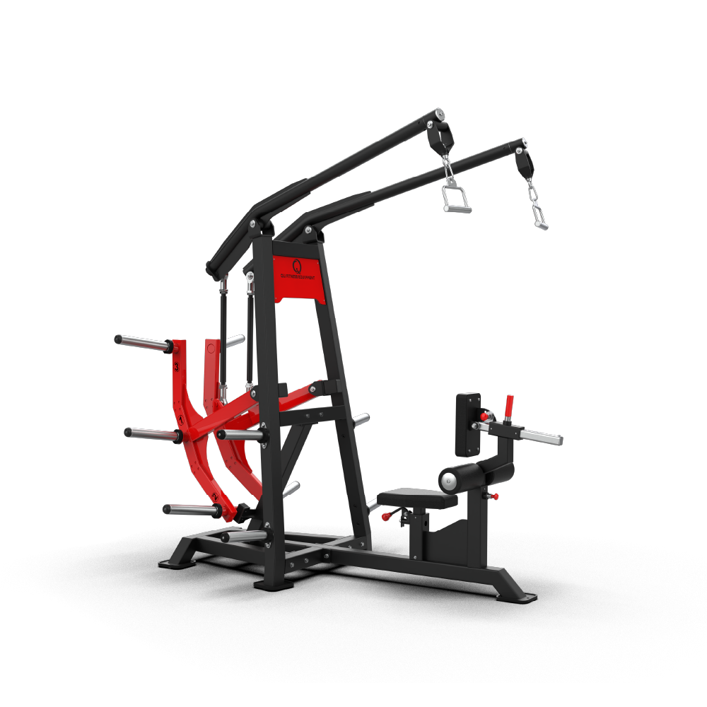 Side profile of the QLI QLPRM93 lat pull row, showing the overhead arm, cable handle and seat