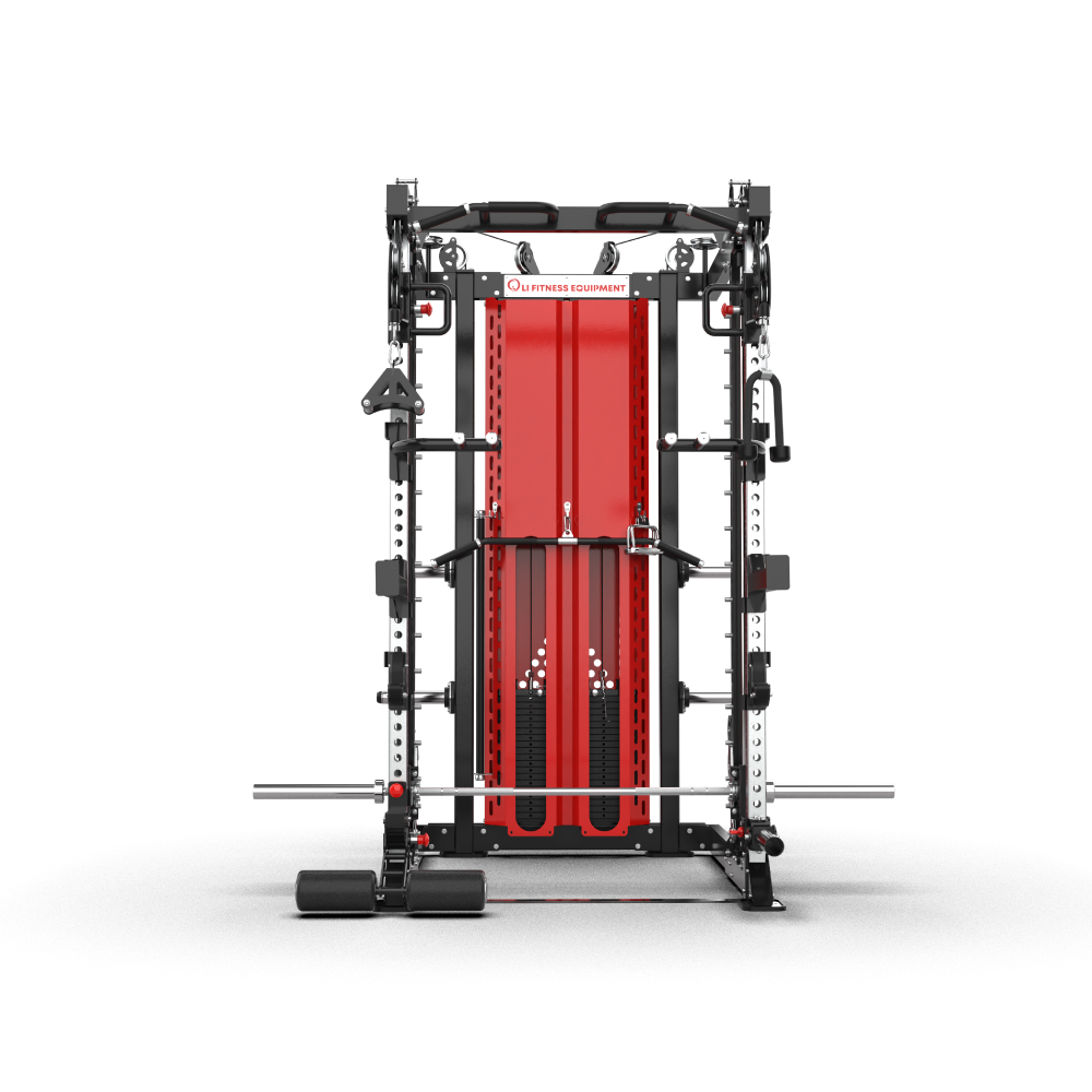 QLI Multi-Functional Rack QMFR81 from the front, showing the red-shrouded weight stacks, cable pulleys and bar