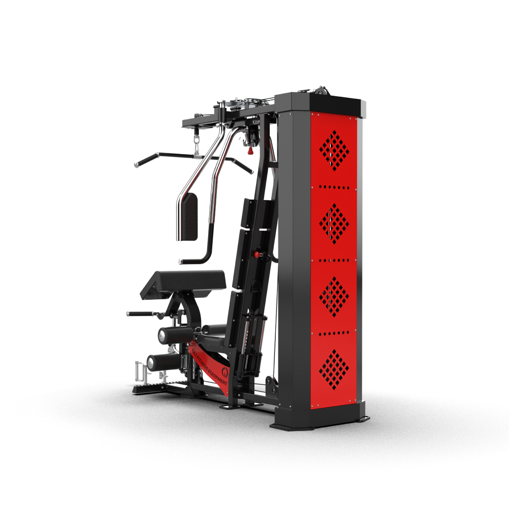 QLI Multi-Function Home Gym QMHG206 with red shrouded weight stack, press arms, seat and leg extension