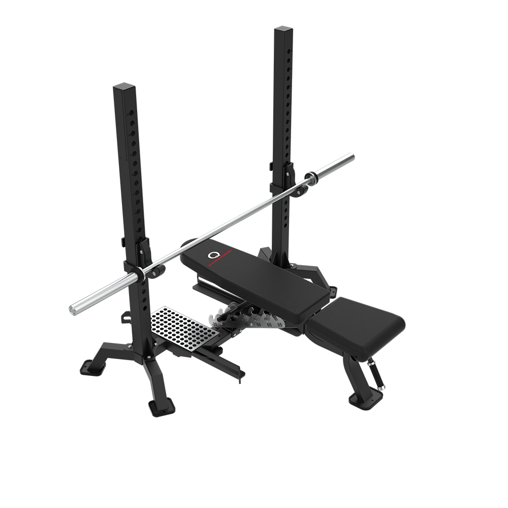 QLI Multi-Bench Press QMP450 with adjustable bench, J-hook uprights and spotter platform, shown with a racked barbell
