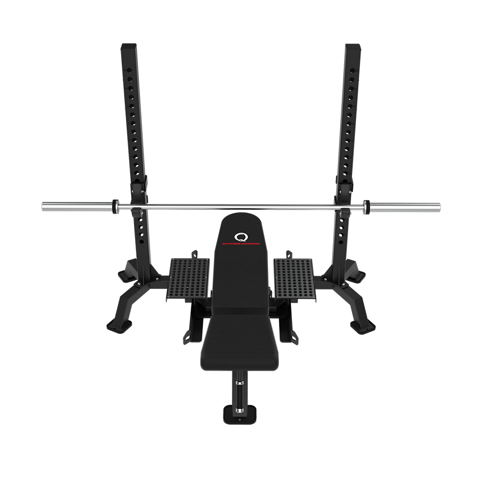 QLI QMP450 multi-bench press from the front, showing the bench pad between the uprights and the platforms either side