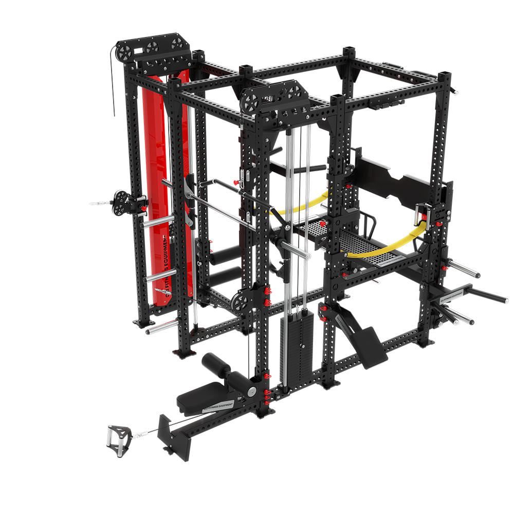 QLI Multi-Function Power Cage QMPC125 with red-shrouded weight stacks, cable pulleys and a racked barbell