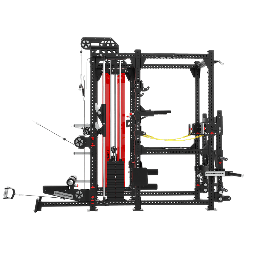 QLI QMPC125 side view, showing a weight stack tower and the low row station