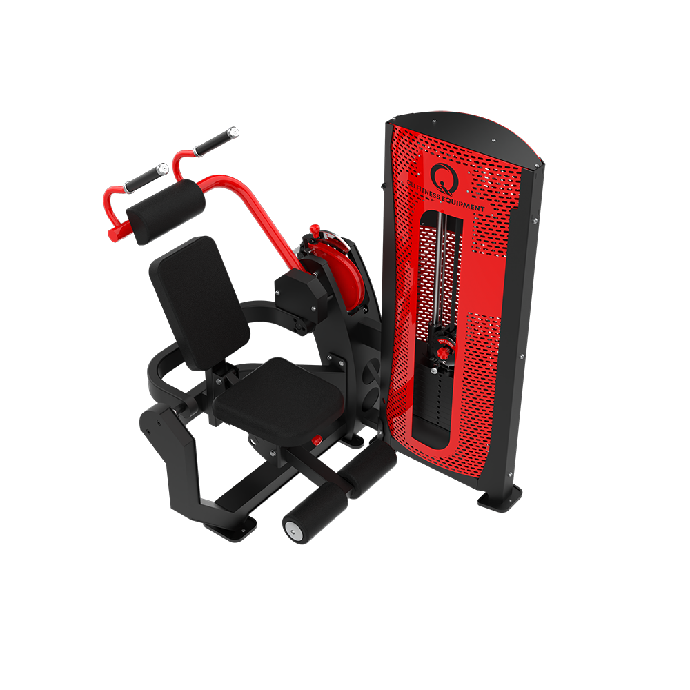 QLI QPAC52 ab crunch from the front, with the backrest, foot rollers and red crunch arm