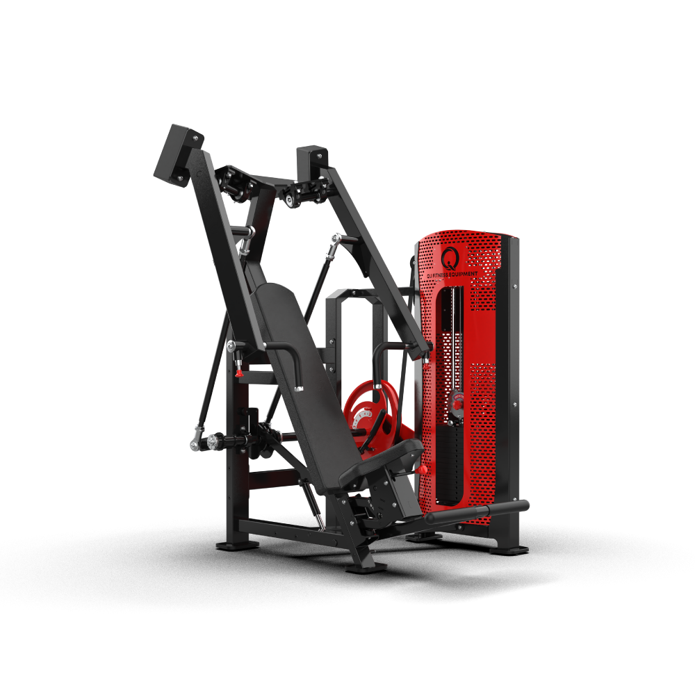 QLI Pro-Axis Chest Press QPACP60 - pin loaded chest press with black steel frame, padded backrest and red shrouded weight stack