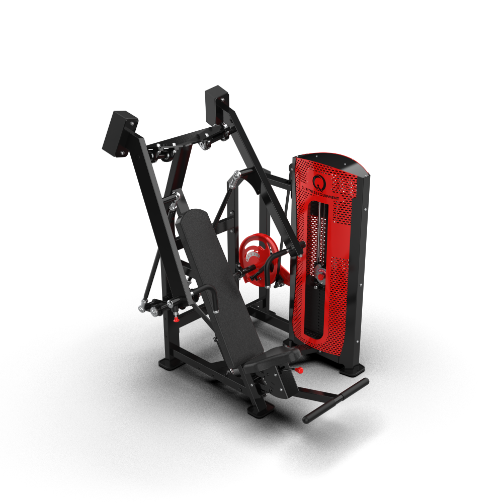 Elevated view of the QLI QPACP60 chest press with angled backrest, red Pro-Axis dial, shrouded weight stack and foot assist pedal