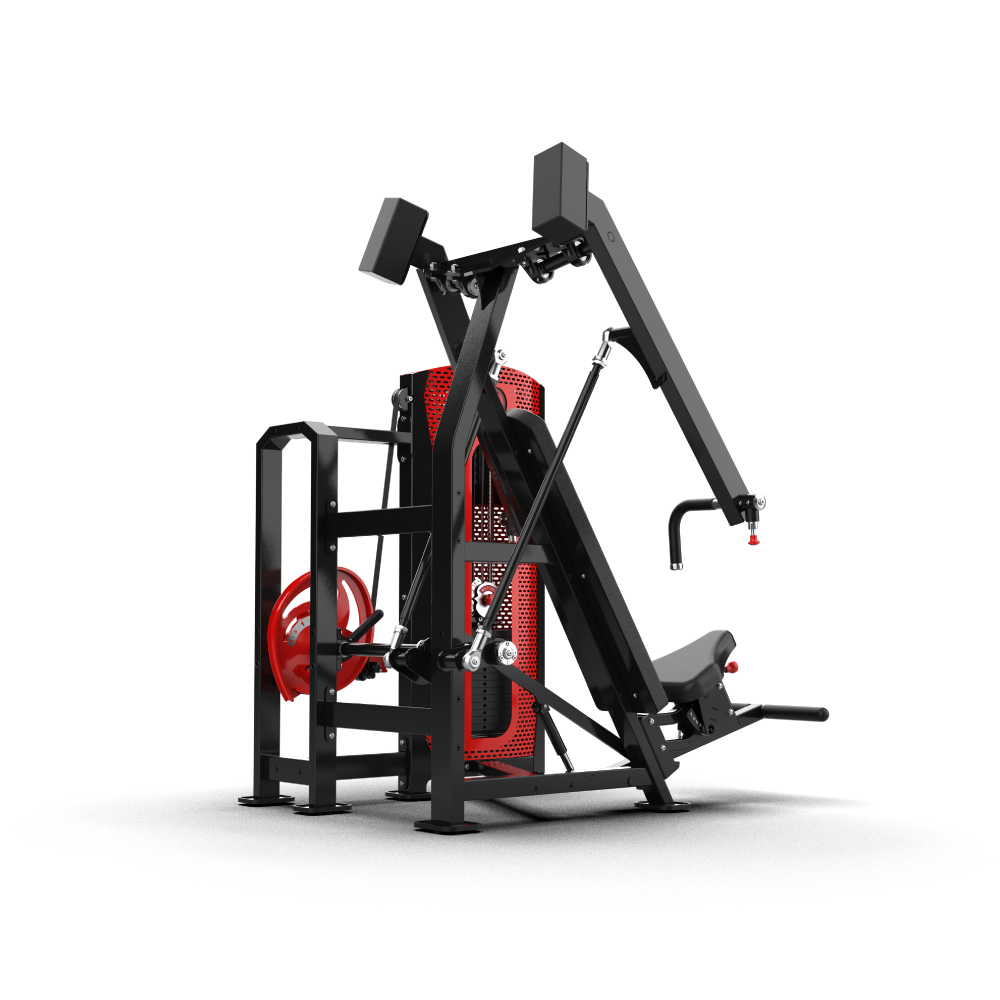 Rear three-quarter view of the QLI QPACP60 showing the overhead pivoting press arms and red Pro-Axis adjustment dial