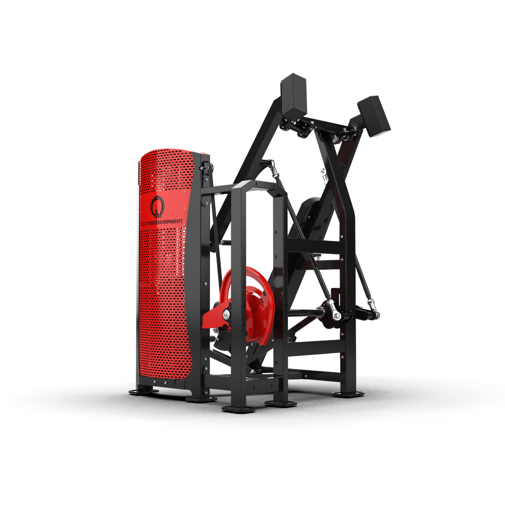 QLI QPACP60 from the weight stack side, with the red perforated stack shroud and heavy-duty black steel frame